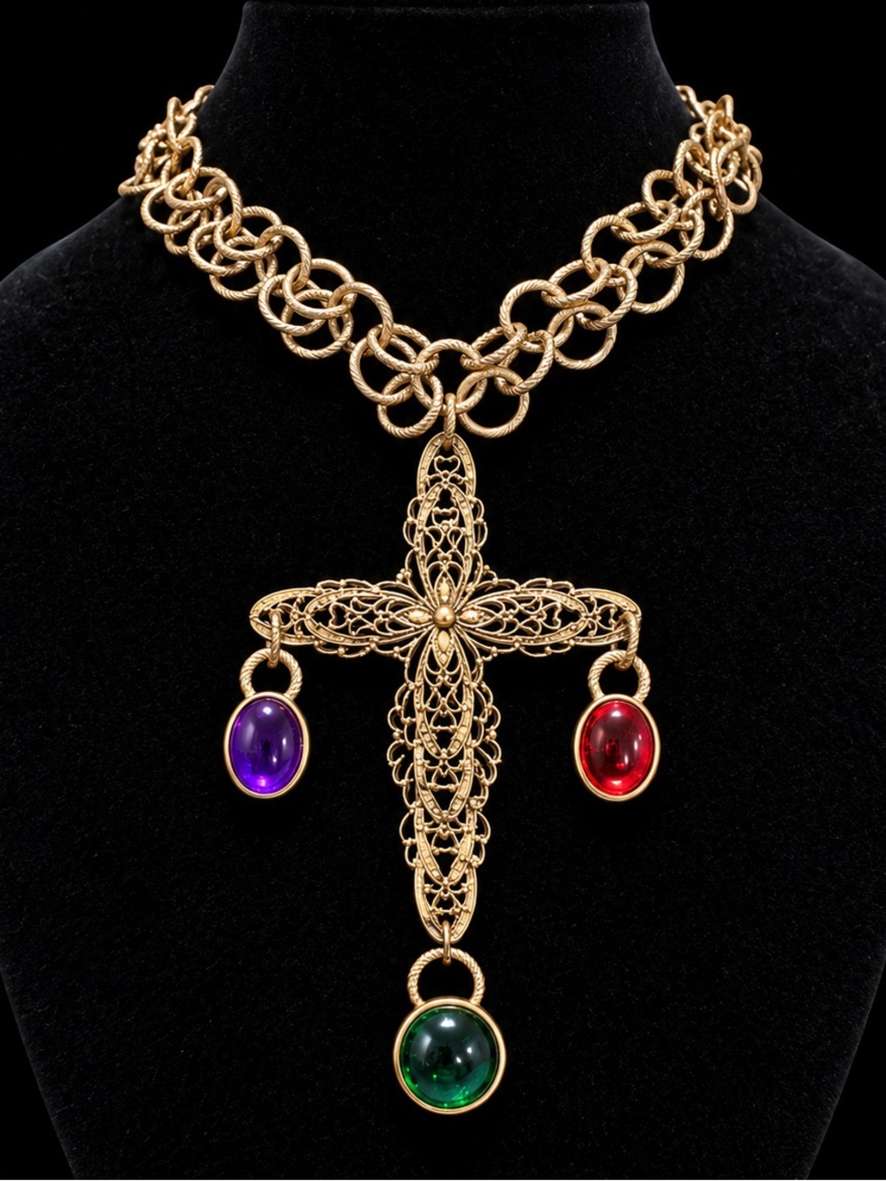 Gold-Tone Filigree Cross Necklace with Red, Purple & Green Stones